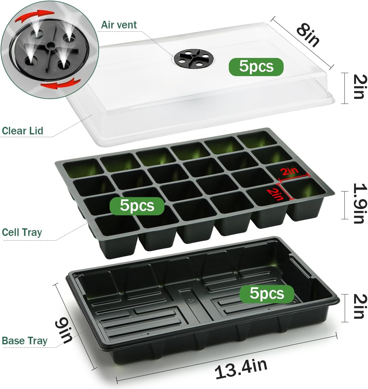 Seed Starter Tray with Dome-5 Sets 24XL Cell Seedling Trays(Total 120 Cells), Plant Germination Tray with Humidity Vented Lid and Base, Mini Propagator Plant Greenhouse for Seed Growing