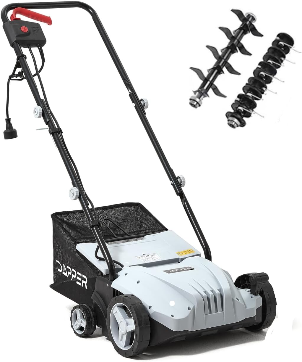 13-Inch 2-in-1 Electric Dethatcher and Scarifier Lawn Dethatcher with 8-Gallon Removable Thatch Collection Bag, 4-Position Depth Adjustment, 12 Amp, Quick-Fold, Keeps Lawn Healthy