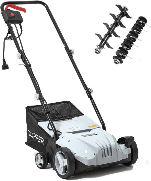 13-Inch 2-in-1 Electric Dethatcher and Scarifier Lawn Dethatcher with 8-Gallon Removable Thatch Collection Bag, 4-Position Depth Adjustment, 12 Amp, Quick-Fold, Keeps Lawn Healthy