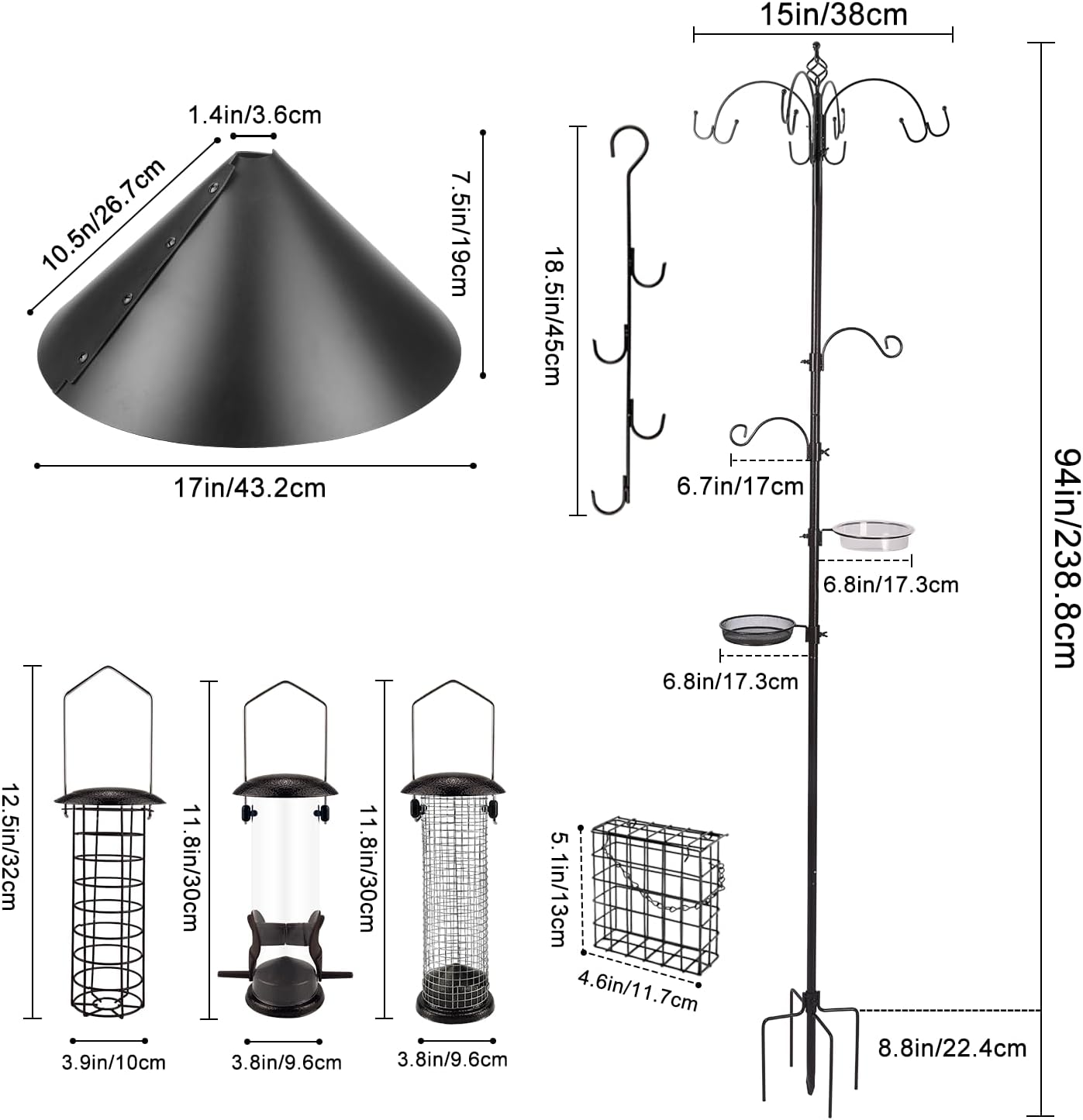 Deluxe Bird Feeding Station Kit Bird Feeder Pole with Squirrel Baffle, Suet Cage, Bath Tray for Planter Hanger - Wildlife-Friendly Design