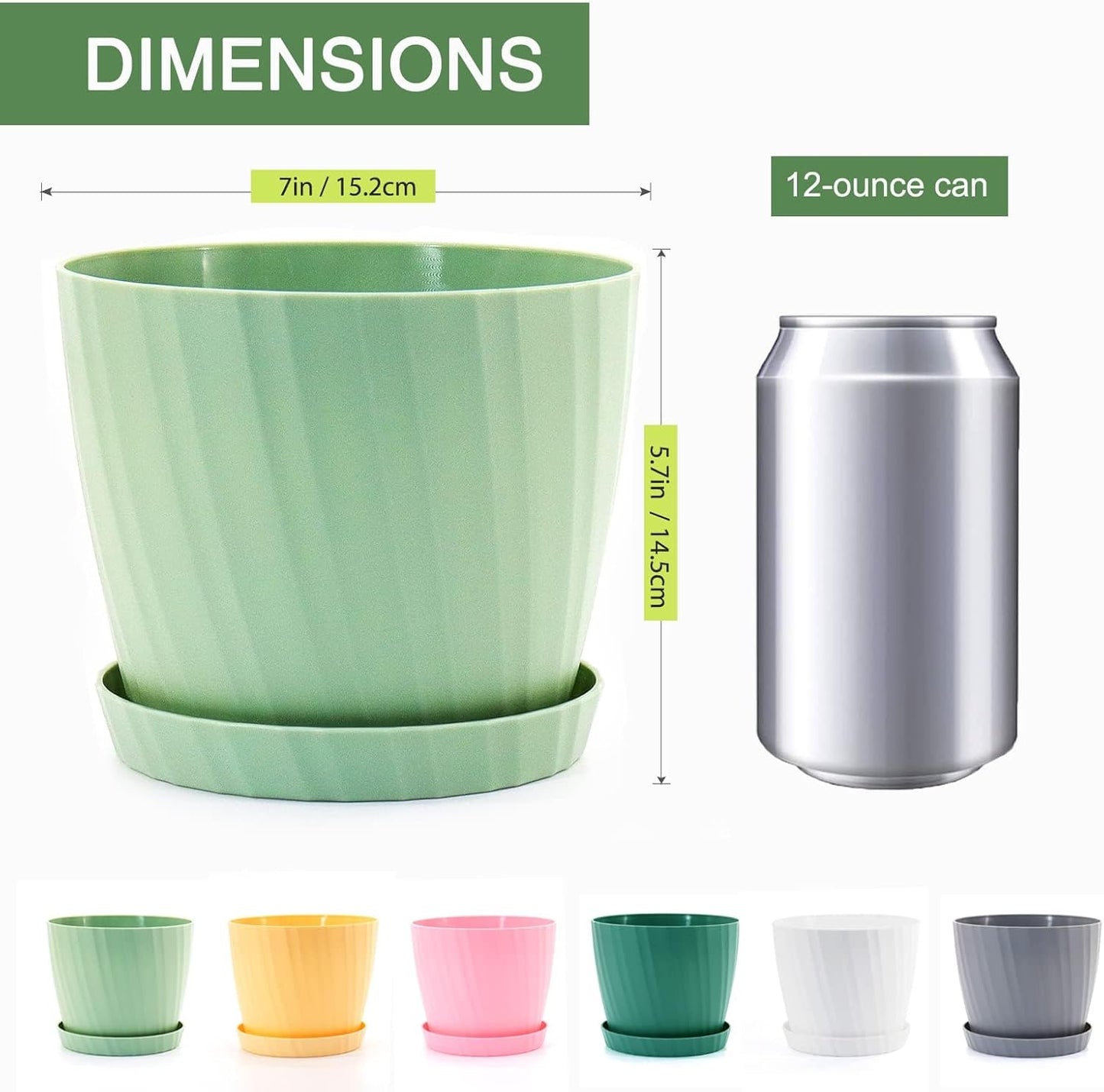 7 Inch Plant Pots Bulk, 6 Pack Plastic Planters with Drainage Holes and Saucers for Indoor Outdoor House Plants and Flowers, Colorful