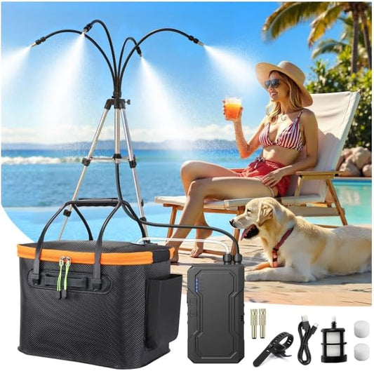 Portable Misting System with Standing, 6000mAh Water Cooling Misters Set for Outside Patio - 20L Bucket, 4.9FT(59IN) Adjustable Height for Outdoor, Beach, Pool, Water Playing, Sprinkler, Camping