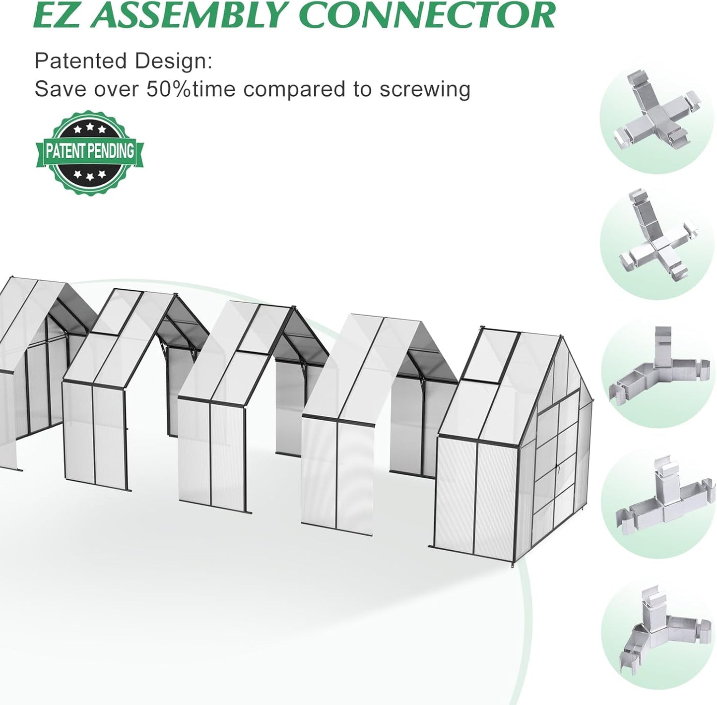 10'x10'x32' Snap-Together Greenhouse - Easy 3-Way Connectors, Heavy-Duty Aluminum Frame, Wind/Snow Resistant for Gardening/Urban Farming, Includes Sliding Door & Ventilation Windows
