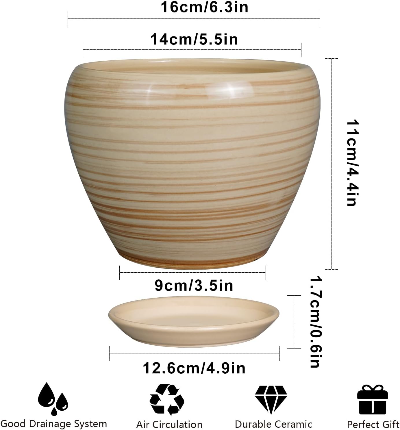 6 Inch Plant Pot Ceramic - Decorative Planter for Indoor Plants Succulent Pot with Drainage Hole and Saucer Round Planter Outdoor Flower Pot for House Patio Yellow