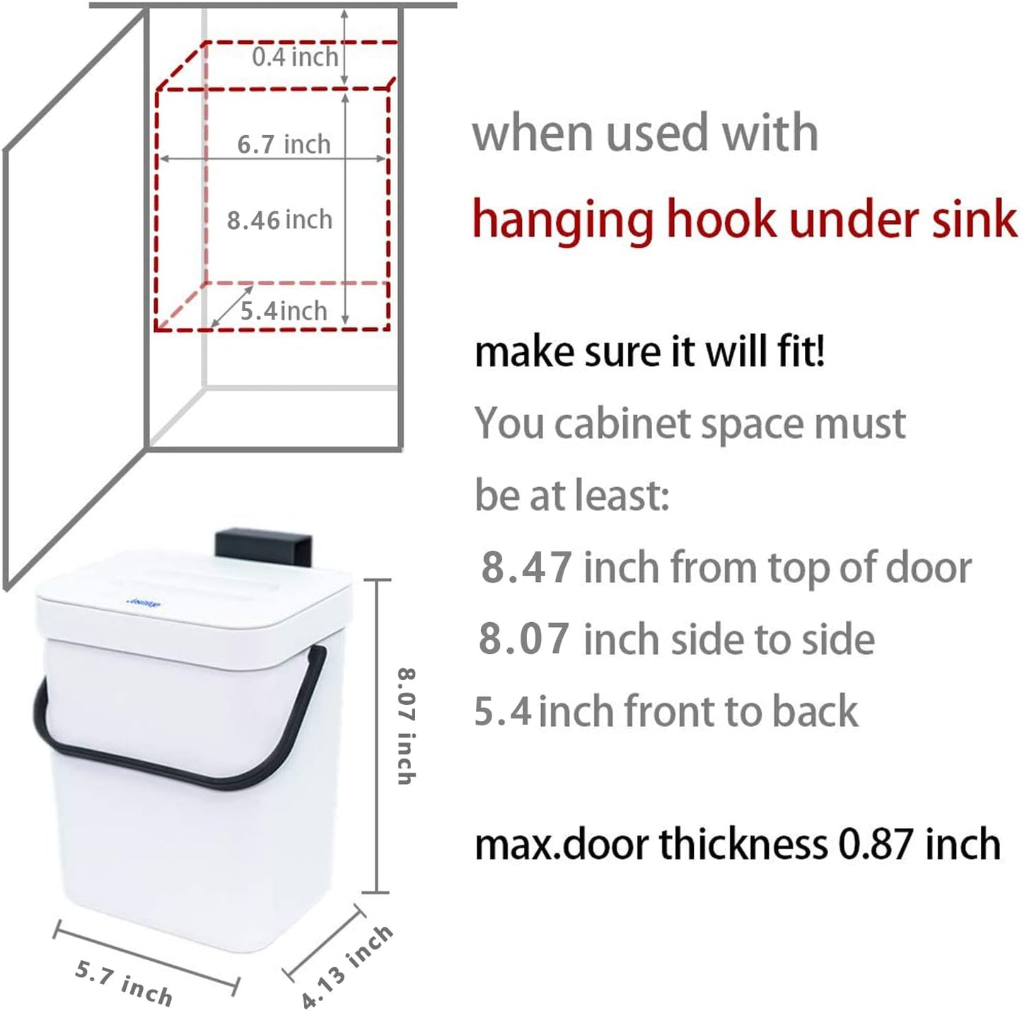 Compost Caddy, Detachable Handle and Countertop Bin, Small Compost Bin with Lid, Plastic Tiny Wastebasket for Office/Kitchen/Refrigerator/RV, 3L/0.8 Gal Series, White