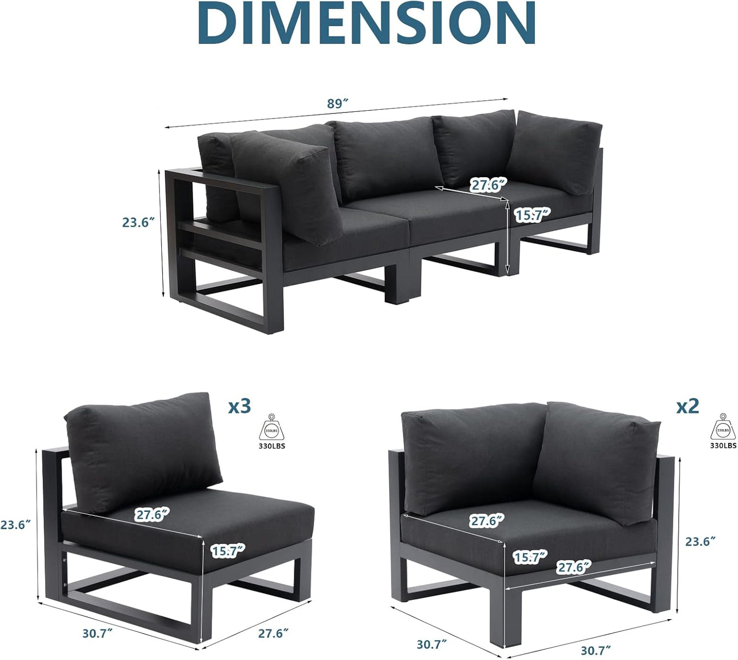 5 Pieces Outdoor Modular Sectional Set Aluminum Patio Conversation Sofa Sets, Armless Sofas with Dark Grey Cushions
