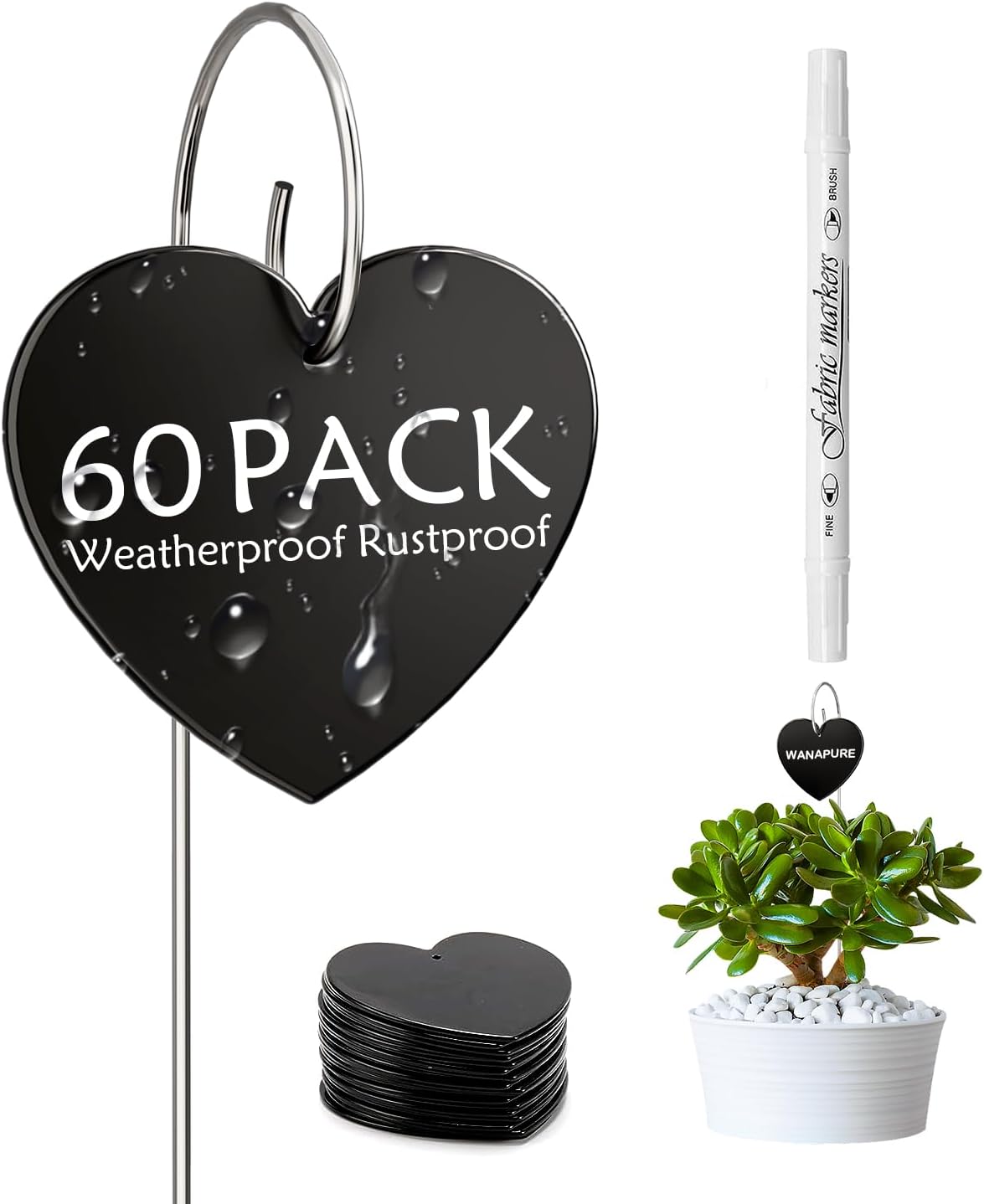 60-Pack Iron Metal Heart Shaped Garden Markers Weatherproof Metal Plant Labels Large Planting Seedling Stake Signs, for Seedlings Herbs Vegetable Greenhouse Gifts with White Marker Pen Labels
