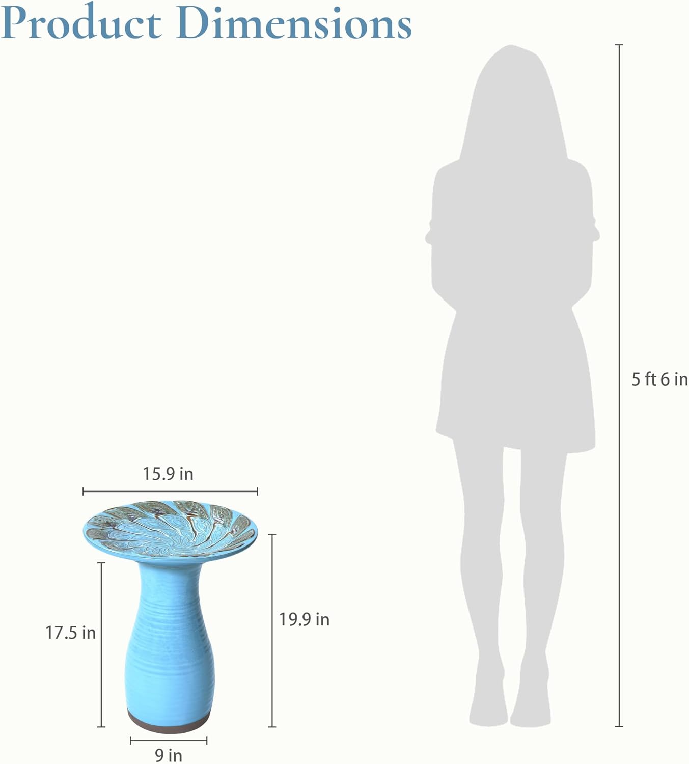 LuxenHome 20 Inch Ceramic Bird Bath for Outside, Elegant Tall Outdoor Bird Bath, Lightweight Pedestal Glazed Birdbaths for Outdoors with Leaf Pattern, Sky Blue