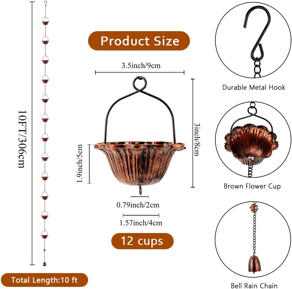 10FT Rain Chain, Lotus Rain Chains for Gutters with 12 Cups, Adjustable Rain Catcher Chain for Outside, Replacement Downspout for Gutters, Eaves, Drainage