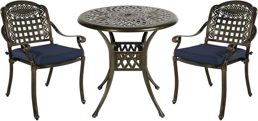 MEETWARM 3 Piece Patio Bistro Set, Outdoor All-Weather Cast Aluminum Dining Furniture Set Includes 2 Chairs with Cushions and a 31” Round Table with Umbrella Hole for Garden Deck, Navy Blue