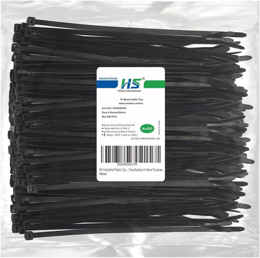 HS Strong Fuel Hose Zip Ties 8 Inch x 3/16" (Bulk-500 Count) UV Black Cable Ties 50 Pounds Heavy Duty Self-Locking Strap Ties for Automotive,Outdoor Fence Purpose