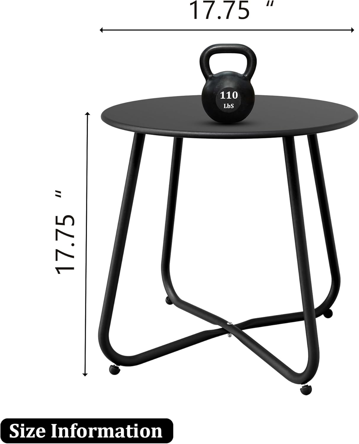 Patio Side Table Waterproof Round Metal Steel Weather Resistant Portable Outdoor and Indoor End Table for Garden Balcony Yard, Black