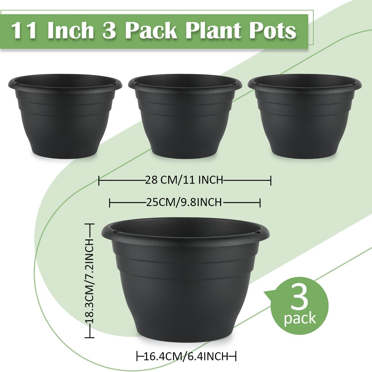 Plant Pots Indoor with Drainage, 3 Pack 11 Inch Plastic Pots for Plants（10 inch Inner Diameter）, Durable Plastic Flower Pots, Planters for Indoor Ourdoor Plants, Black