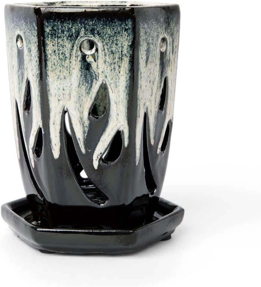 rePotme 4 x 6 inch Ceramic Orchid Pot (Honey Cream Over Coffee) - Hexagon Orchid Pot with Holes