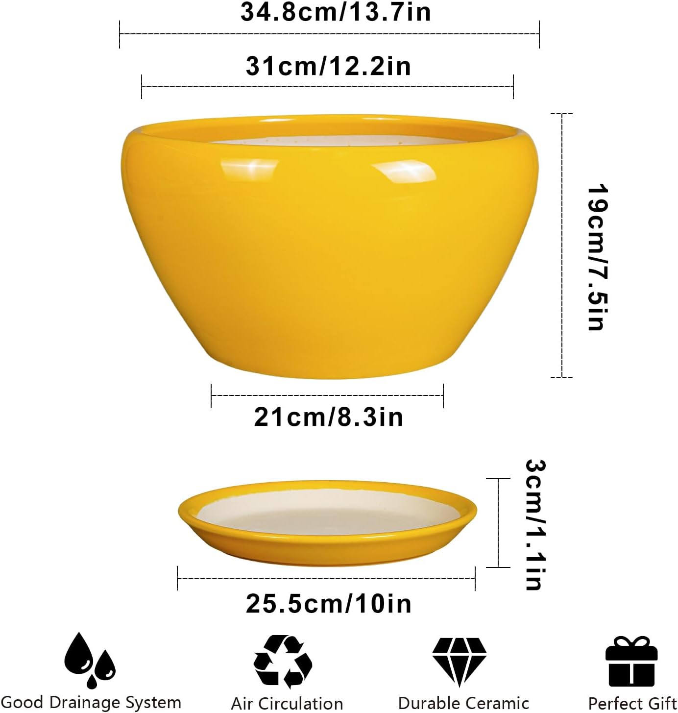 Ceramic Planter for Indoor Plants - 13 Inch Mid-Century Decorative Modern Large Plant Pot with Drainage Hole and Saucer, Home Balcony House Garden Patio Room Office Decor, Yellow