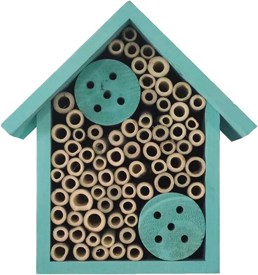 Mason Bee Houses Outdoor Wooden Blue Bee Hotel for Garden and Yard Hand-Made Bamboo Bee Hive for Bees Butterflies and Ladybugs, Medium Size 8"x7.5"x5"