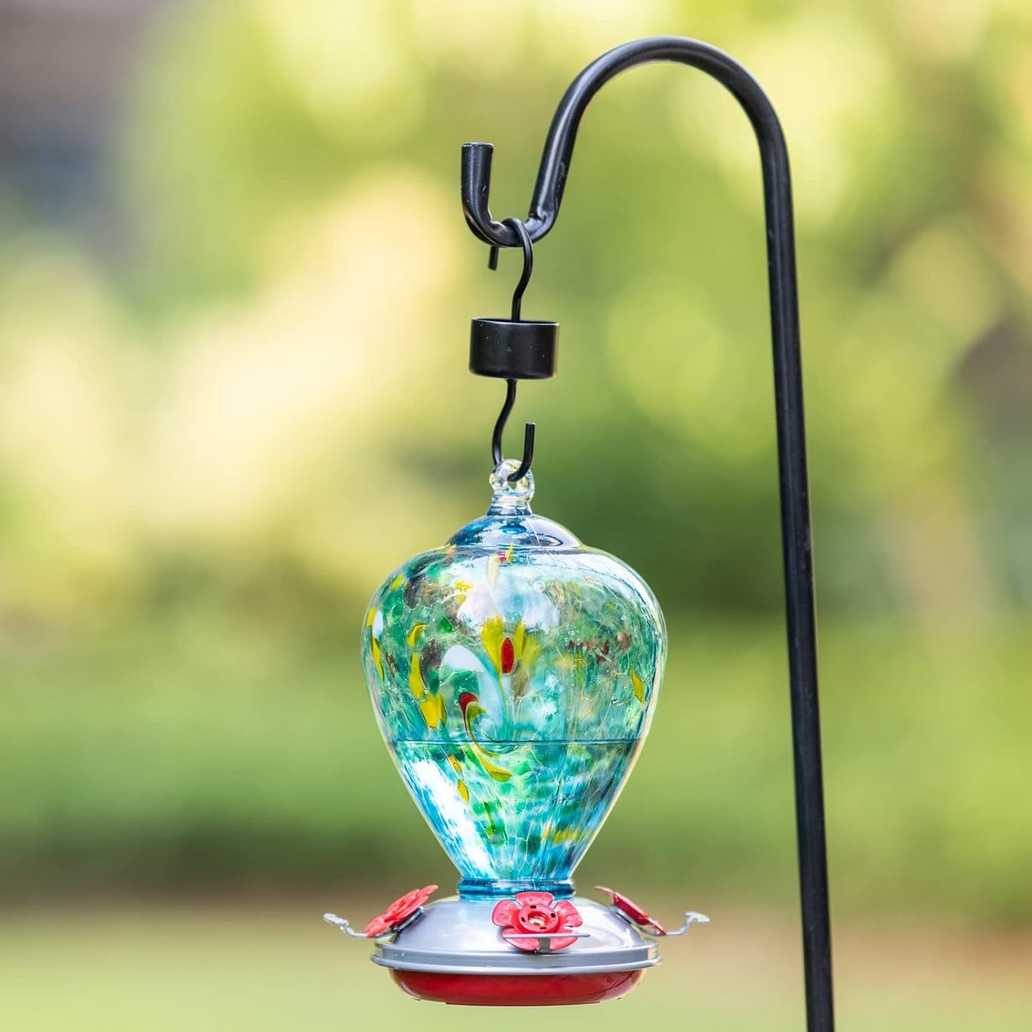 Muse Garden Hummingbird Feeders for Outdoors Hanging, Blown Glass Hummingbird Feeder Unique Gifts for Women, Containing Ant Moat, Garden Decor, 34 Ounces, Blue Chatoyant