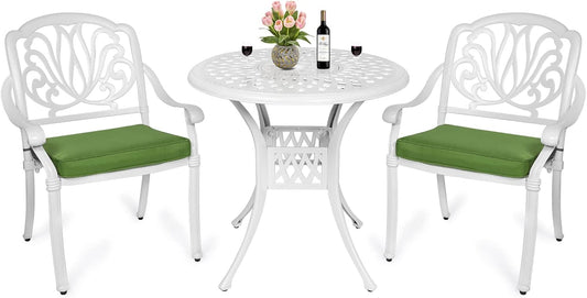 MEETWARM 3 Piece Patio Bistro Set, Outdoor All-Weather Cast Aluminum Dining Furniture Set Includes 2 Chairs and a 31” Round Table with Umbrella Hole for Garden Deck, White