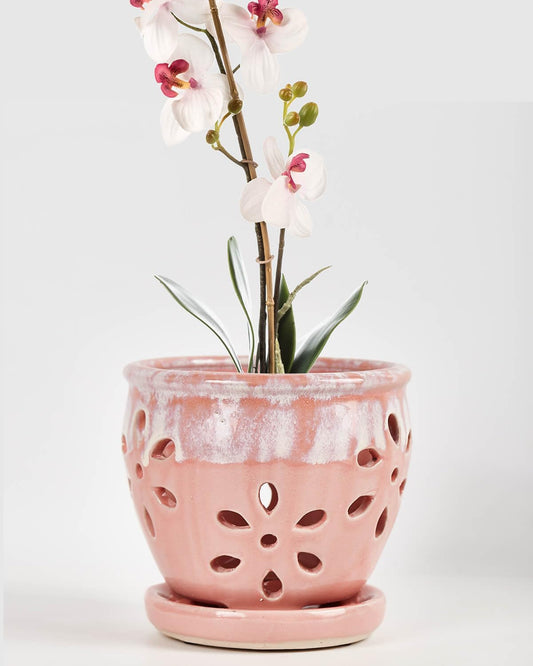 vensovo 5 Inch Ceramic Orchid Pots with Holes and Saucers - 1 Pcs Small Succulent Pot for Repotting, Garden Flowerpots for Plants Indoor and Outdoor Promotes Air Circulation, Pink