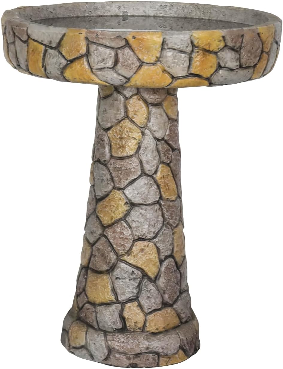 SKYFIRE Stone Like Outdoor Bird Bath - Concrete Freestanding Patio Birdbath with Pedestal for Garden, Patio, Yard, Lawn - 18.8”L X 18.8”W X 24”H Rustic Faux Stone Pedestal Outdoor Garden Birdbaths