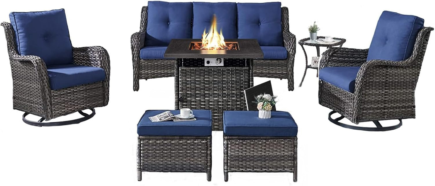 Outdoor Patio Furniture Set with 50000BTU Propane Fire Pit Table, 7 Pieces Wicker Patio Conversation Set with 2 Swivel Glider Rocker Chairs Rattan Sofa Blue Cushion Perfect for Casual Gathering