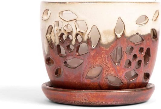 rePotme Orchid Pot - 5 inch Floral Cutout Ceramic Orchid Pot with Holes (Honey Cream Over Copper) - Includes 5 inch Slotted Pot Liner