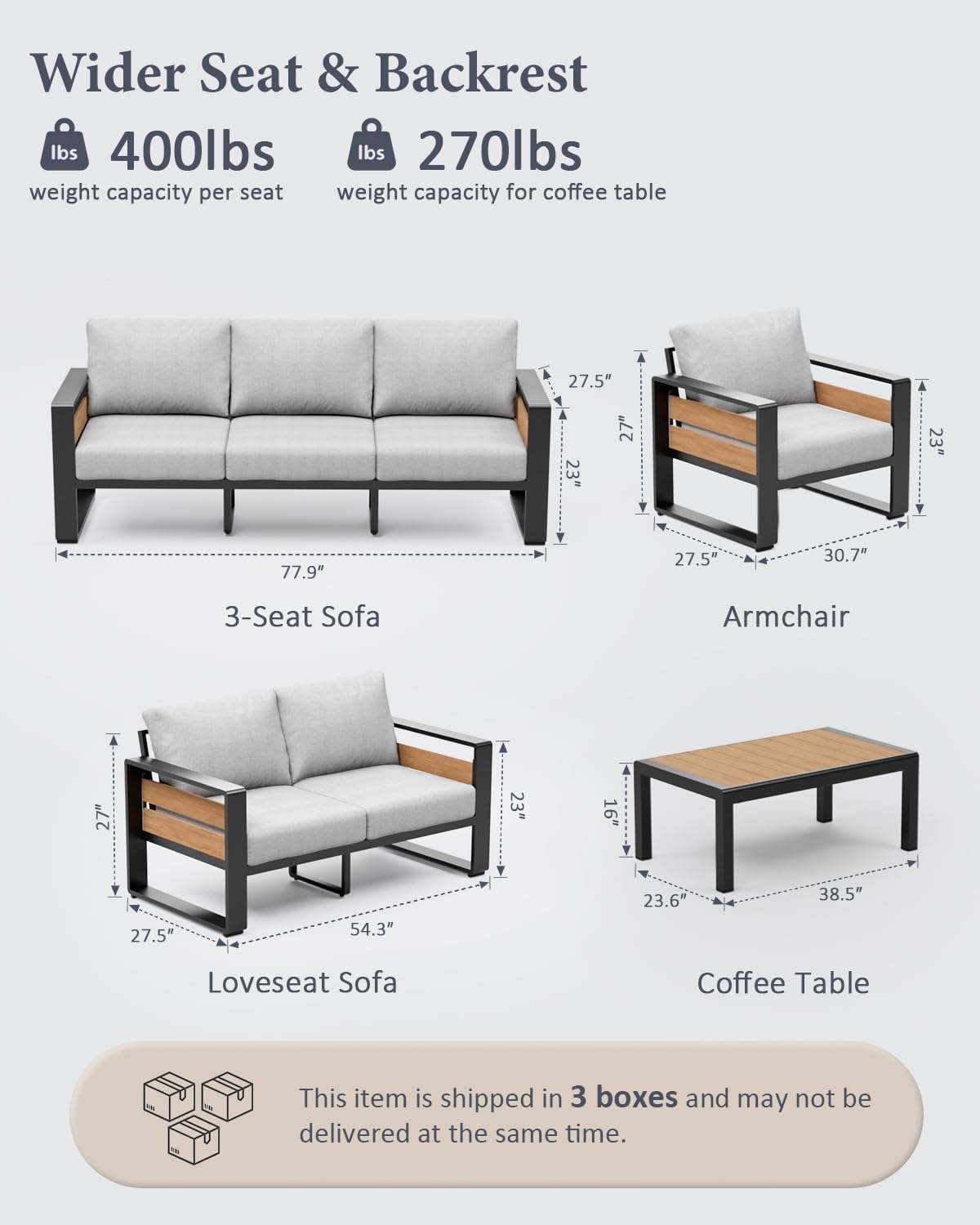 ZANDOR Outside Aluminum Lawn Furniture - 1 Pcs Loveseat, All-Weather Metal Modern Outdoor Loveseat Sofa with Washable Thick Cushion for Garden/Backyard/Porch, Grey