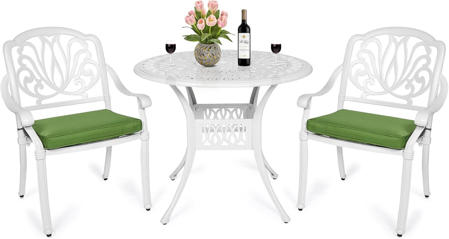 MEETWARM 3 Piece Patio Bistro Set, Outdoor All-Weather Cast Aluminum Dining Furniture Set Includes 2 Cushioned Chairs and a 35.4” Round Table with Umbrella Hole for Garden Deck, White