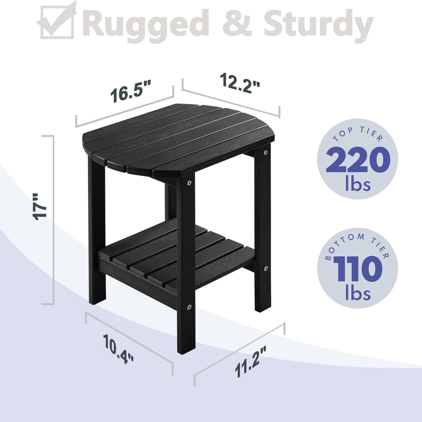 PASAMIC Outdoor Side Table, HDPE Adirondack Oval Side Table with 2-Tier Storage, Weather Resistant Outdoor End Table for Patio, Backyard, Pool, Indoor Companion, Beach, Easy Maintenance Table (Black)