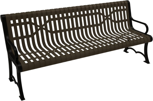 Coated Outdoor Furniture Heavy-Duty Outdoor Bench Thermoplastic Coated, Slated Steel, Commercial-Grade Garden Bench, Made in America (Portable with Back, 6 Ft, Textured Brown)