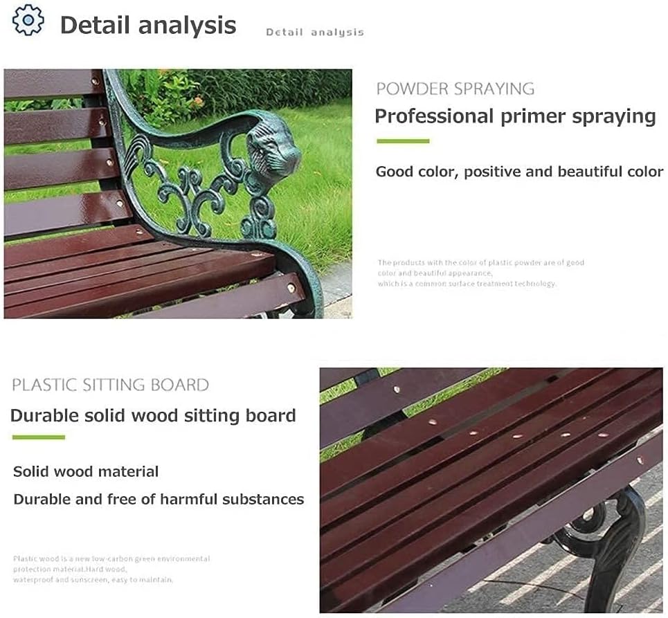 Outdoor Garden Bench with Waterproof Cover, Patio Park Lawn Solid Wood Bench with Cast Iron Frame, Patio Porch Furniture Bench with Backrest and Armrests for 2-3 People(Antique Bronze)