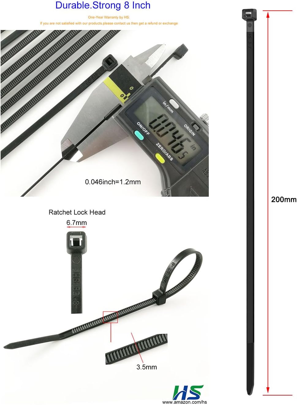 HS 8 Inch Zip Ties Black 40 Pounds Tensile Strength Thin Straps (Bulk 8000 Pack) Nylon PA66 UV Resistant,Self-Locking Small Electrical Plastic Cable Wire Zipties for Outdoor Use,Multi Purpose