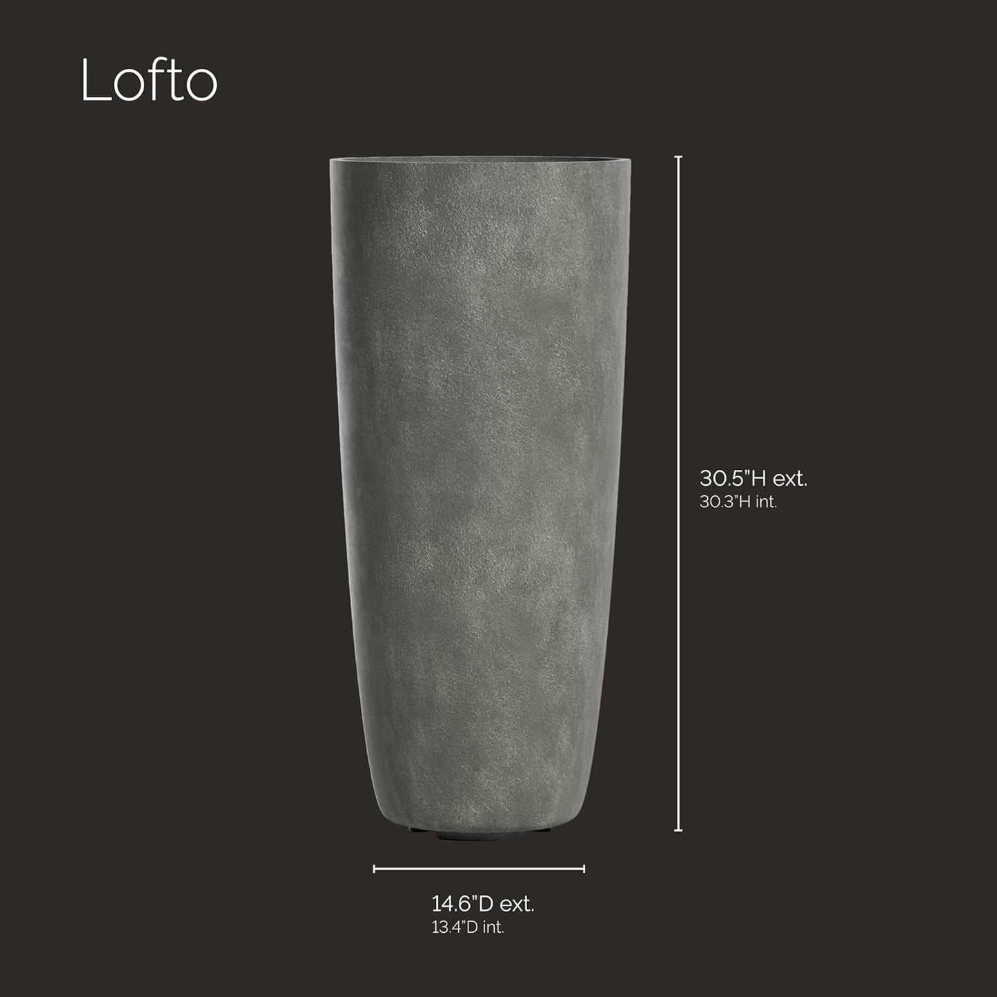 Lofto Tall Planter – Grey Stone Finish – Fiberglass Indoor/Outdoor and Weather-Resistant Large Planter (14.6" D x 30.5" H Exterior, 13.4" D x 30.3" H Interior)