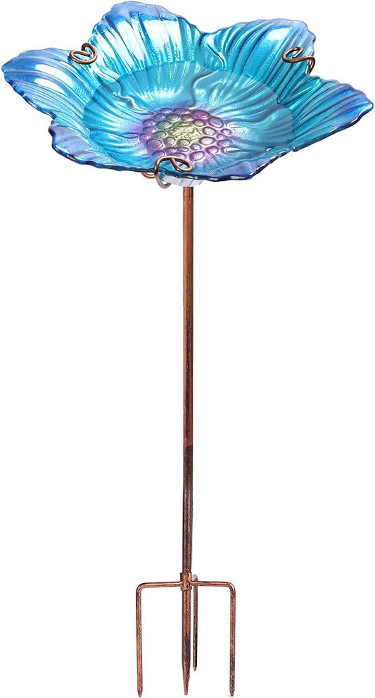 Outdoor Bird Bath Glass Birdbath Garden Birdfeeder with Metal Stake Blue(Height:26inch)
