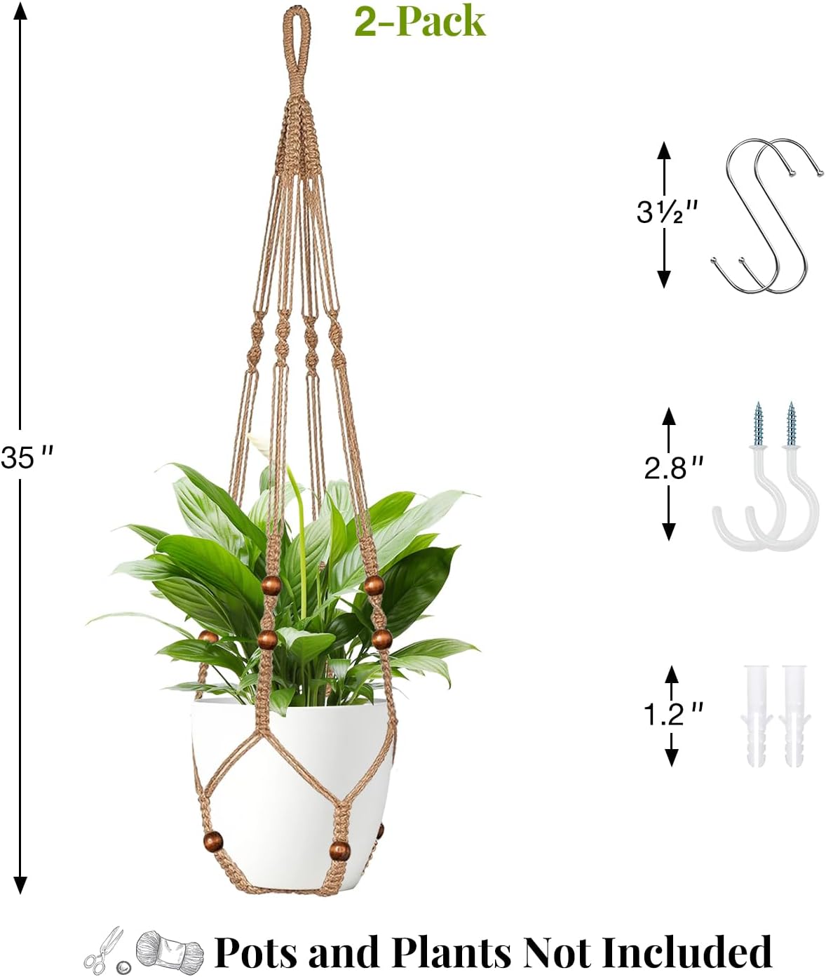 Jute Macrame Plant Hanger Indoor Set of 2 Hanging Planter Basket Flower Pot Holder with Decorative Wood Beads & No Tassels for Indoor Outdoor Boho Home Decor, 35 Inch Brown (Pots Not Included)