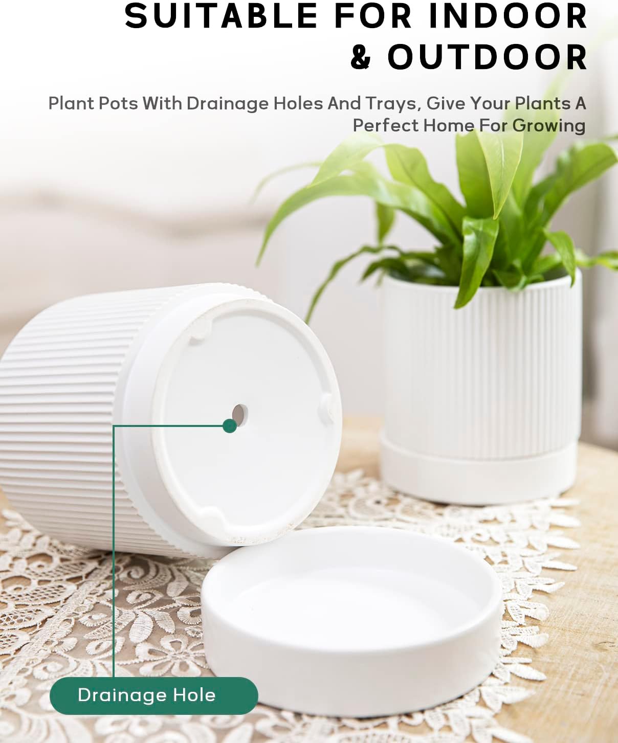LaDoVita 3 Pack Ceramic Plant Pots 6/5/4 inch, Flowerpot for Indoor Plants with Drainage Holes and Tray, Outdoor Garden Planters, Modern Decorative for Home, White Vertical Stripes