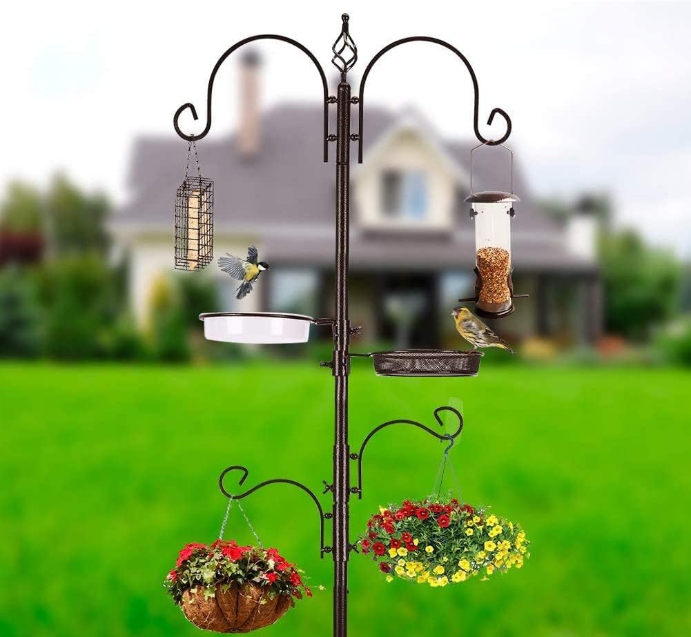 Deluxe Bird Feeding Station Kit With Multi Feeder Hanging Pole, Metal Suet Feeder, Bird Bath, Mesh Tray for Attracting Wild Birds and Planter Hanger (1 Pack)