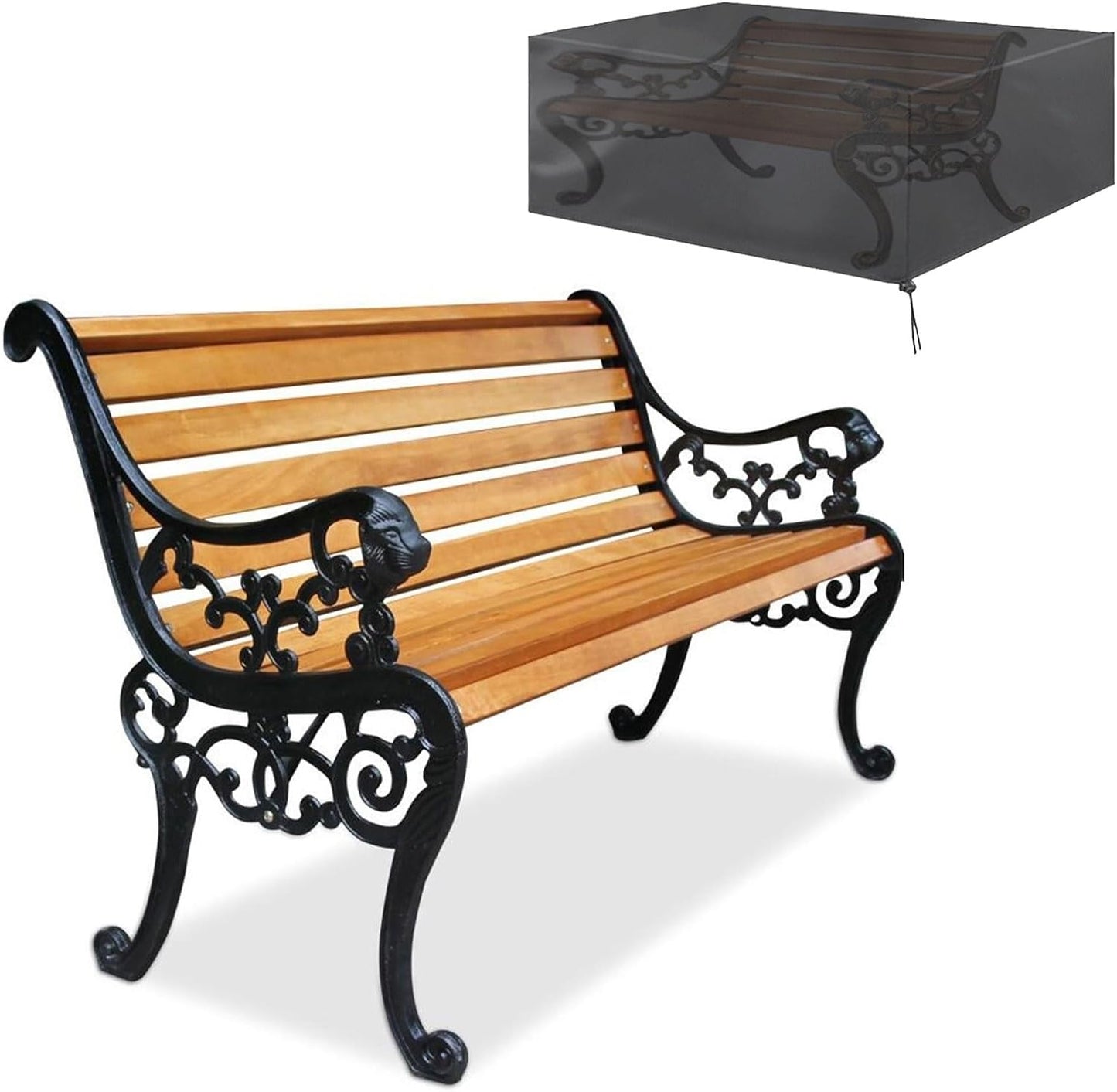 Outdoor Garden Bench with Waterproof Cover, Patio Park Lawn Solid Wood Bench with Cast Iron Frame, Patio Porch Furniture Bench with Backrest and Armrests for 2-3 People(Black)