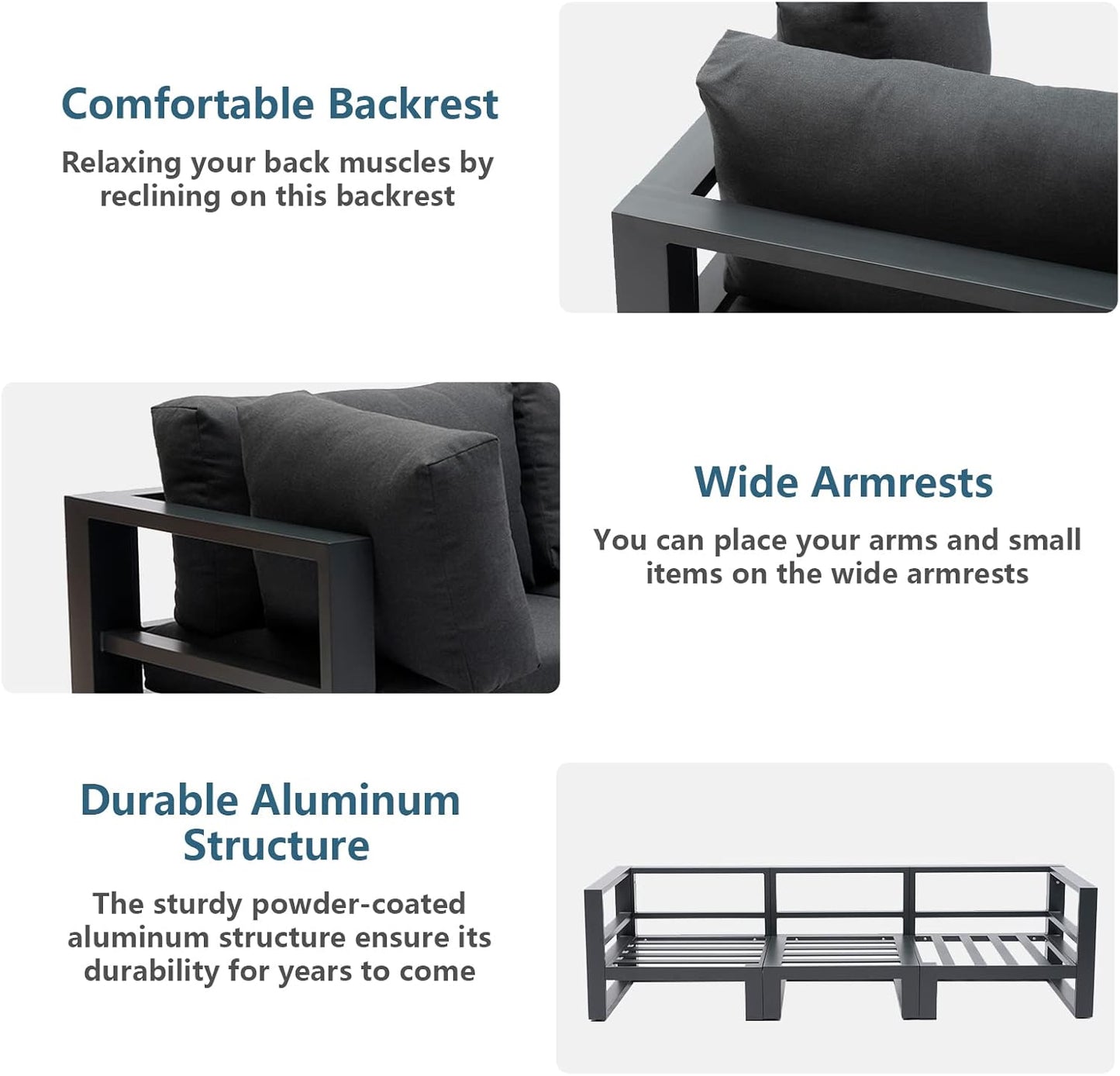 Modern 3 Seater Sofa Outdoor Sectional Sofa Set Patio Conversation Sofa Sets for Garden Backyard, Dark Grey Cushions