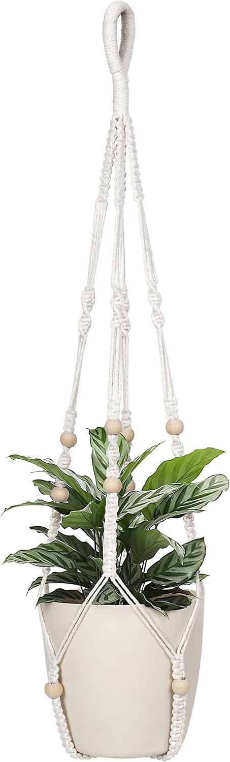 32inch Macrame Plant Holder,Indoor Hanging Planters with Wood Beads No Tassels Boho Home Decor (Ivory)