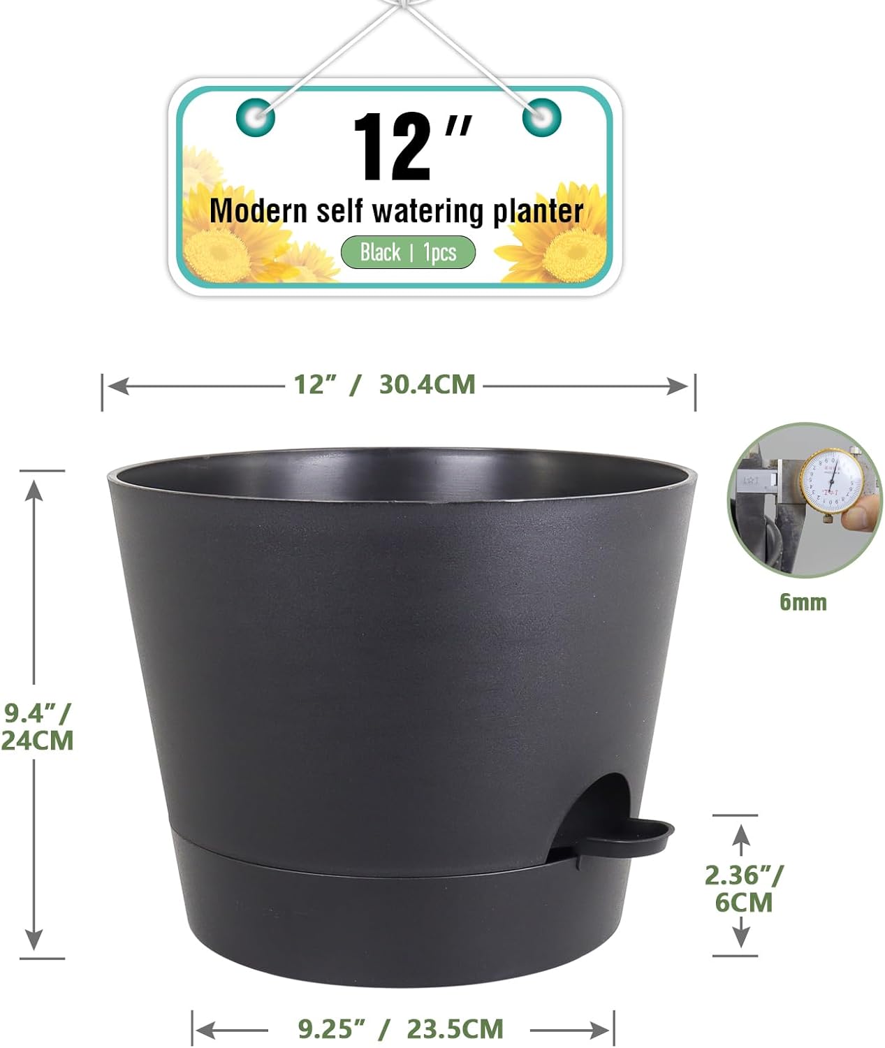 12 inch Large Self Watering Pots for Indoor Outdoor Plants, Flower Plant Pots with Mesh Drainage Holes for Garden House Plants, Plastic Planters with Reservoir for Home Decor, Black