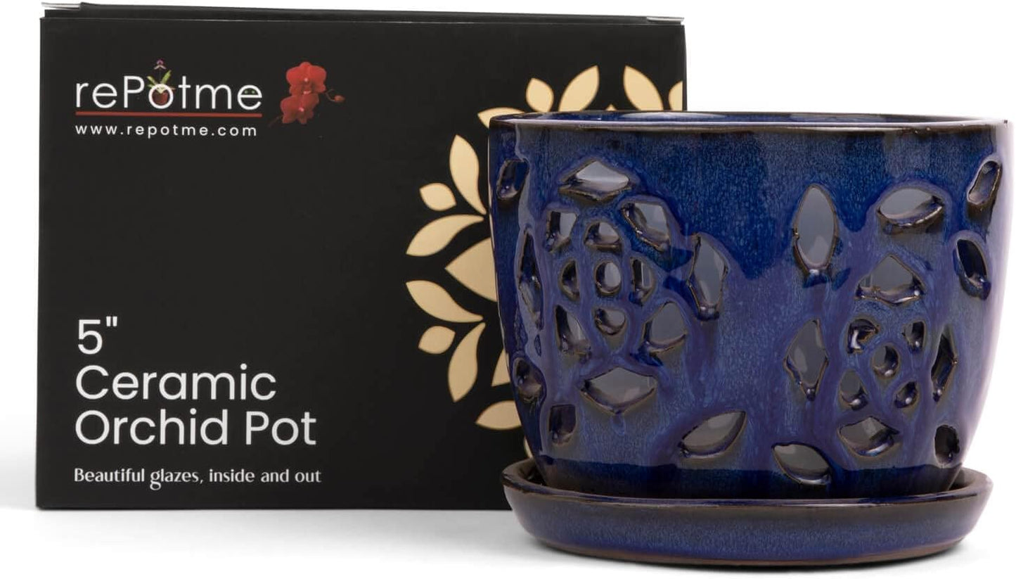 rePotme Orchid Pot - 5 inch Floral Cutout Ceramic Orchid Pot with Holes (Midnight Blue) - Includes Matching 5 inch Slotted Pot Liner