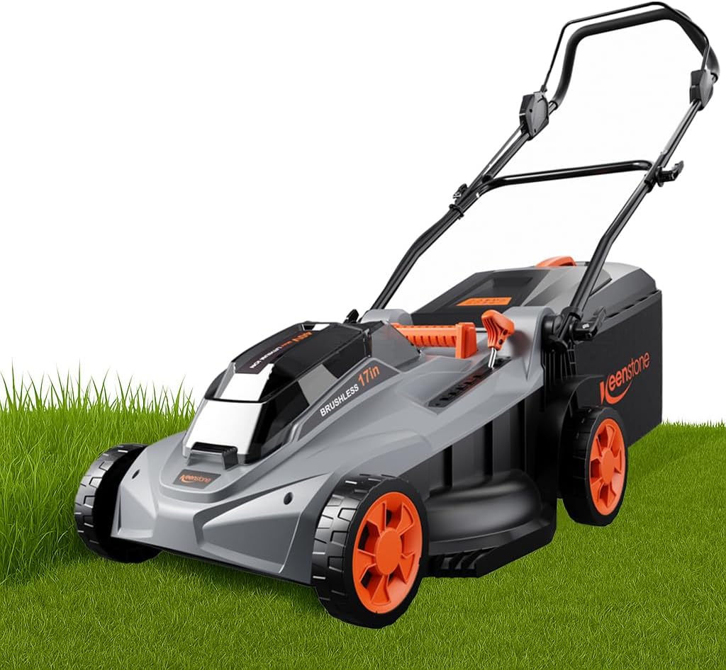 Keenstone Cordless Lawn Mower, 17" Electric Lawn Mower with Direct-Drive Brushless Motor, 2 x 20V 4.0Ah Battery, 6 Position Height Adjustable Push Mower for Yard & Thick Grass(35min Runtime)