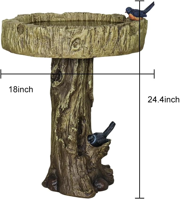 SunJet 24.4 Inch Heigh Wood-Look Concrete Bird Bath with Decorative Faux Bird – birdbath Rustic & Long-Lasting Design, Enhances Garden, Patio, Yard, Lawn Décor