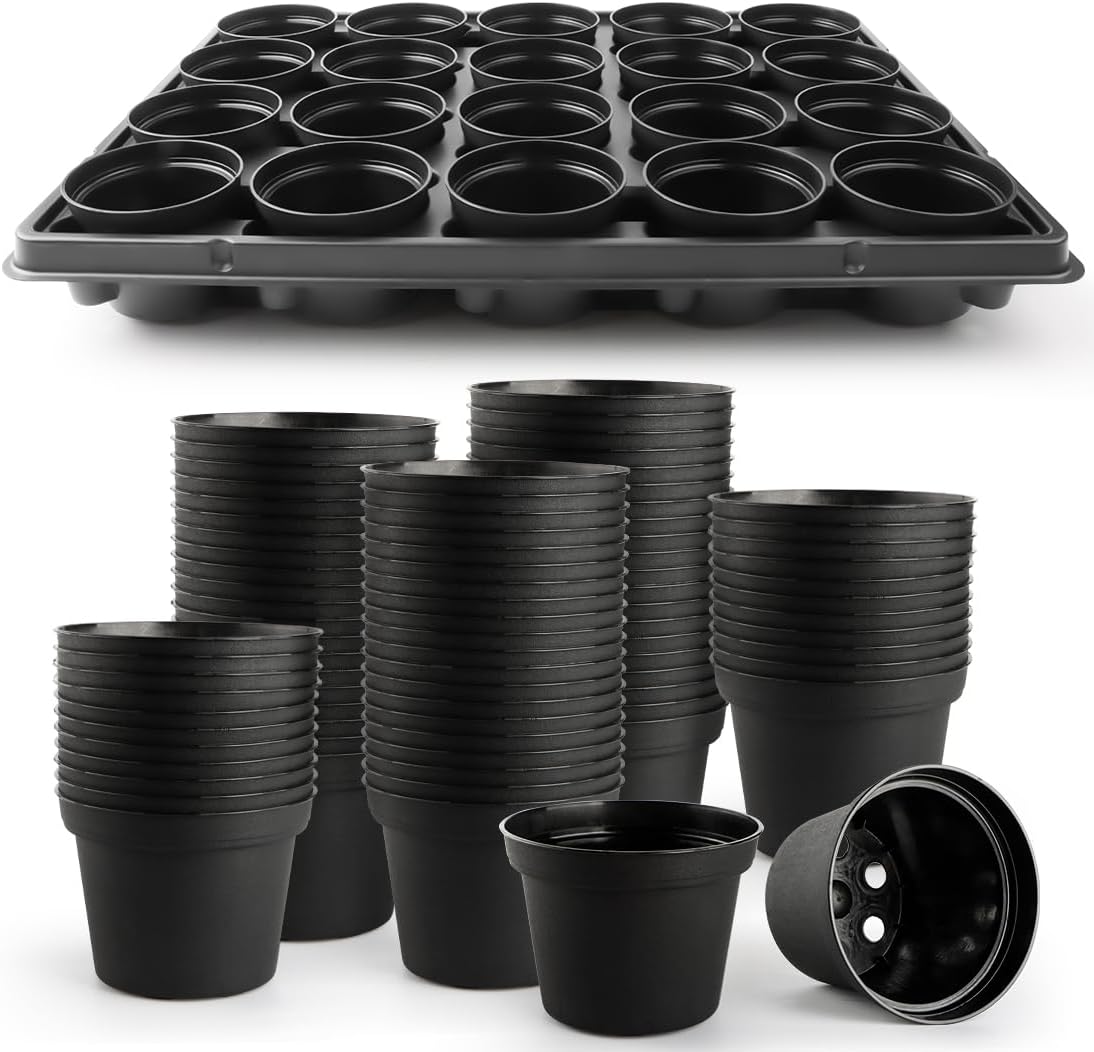 3 Inch Plastic Plant Pots 100 Pcs with 5 Pcs 20 Cell Seed Starter Trays, Thick Black Small Nursery Pots and Propagation Shuttle Trays for Seed Starting, Plant Propagation Starter Kit 5 Sets