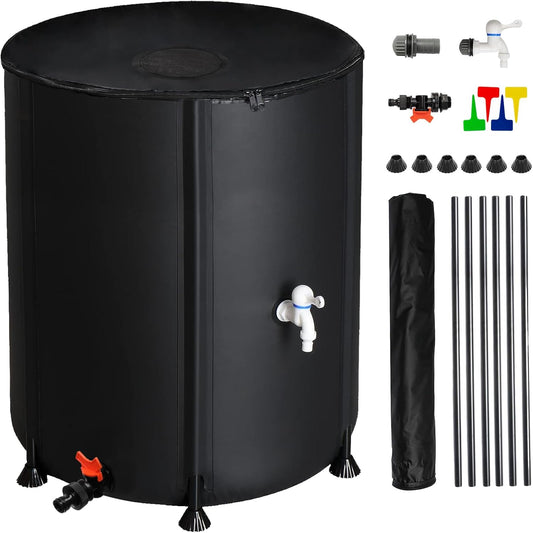 50 Gallon Collapsible Rain Barrel, Portable Rainwater Collection System, Water Storage Tank, Rain Catcher Barrel with Two Spigots and Overflow Kit, Rain Water Barrel Collector for Garden, Black