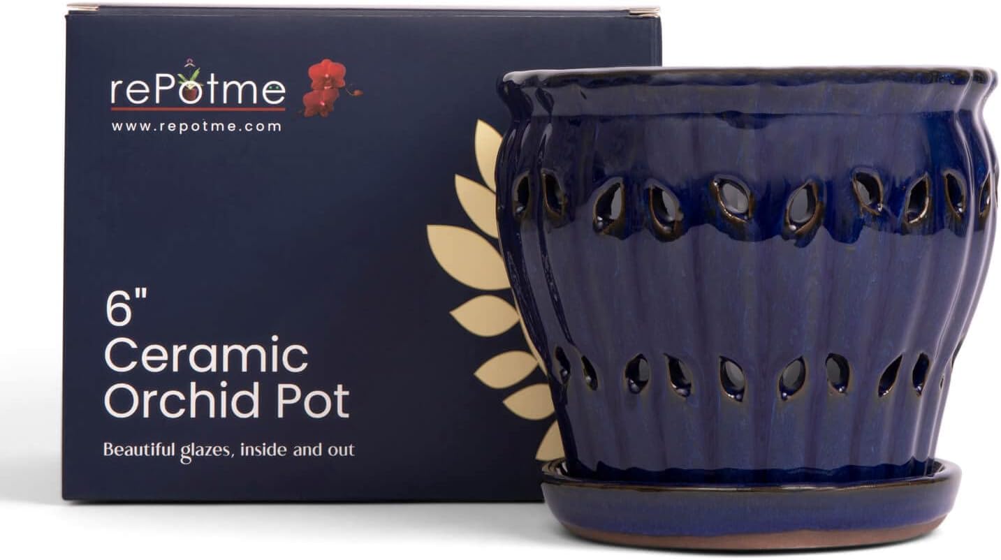 rePotme 6" Pinwheel Fluted Ceramic Plant Pot (Midnight Blue) - Great for Orchids, All Indoor Plants - Includes Matching 6 inch Slotted Pot Liner