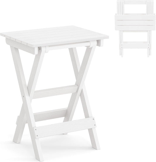 LUE BONA 27 inch Folding Side Table, HDPS Outside End Table for Patio, Porch, Deck, Pool, Weather Resistant, White
