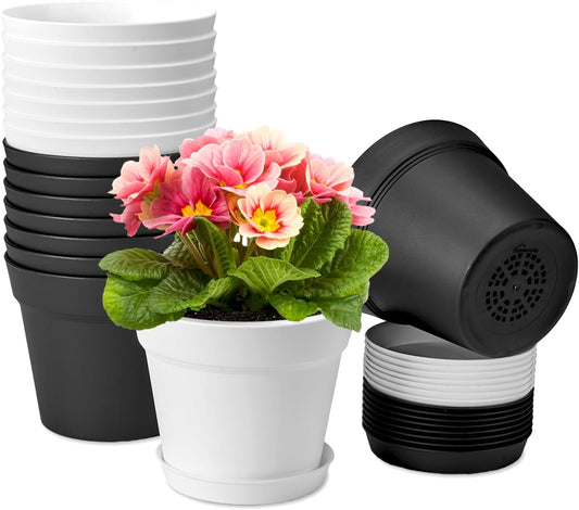 homenote Plant Pots,6 Inch Flower Pots for Plants Plastic Planters for Indoor with Multiple Drainage Holes and Trays, for All Home Garden Flowers Succulents,Outdoor(White&Black,16 Pack)