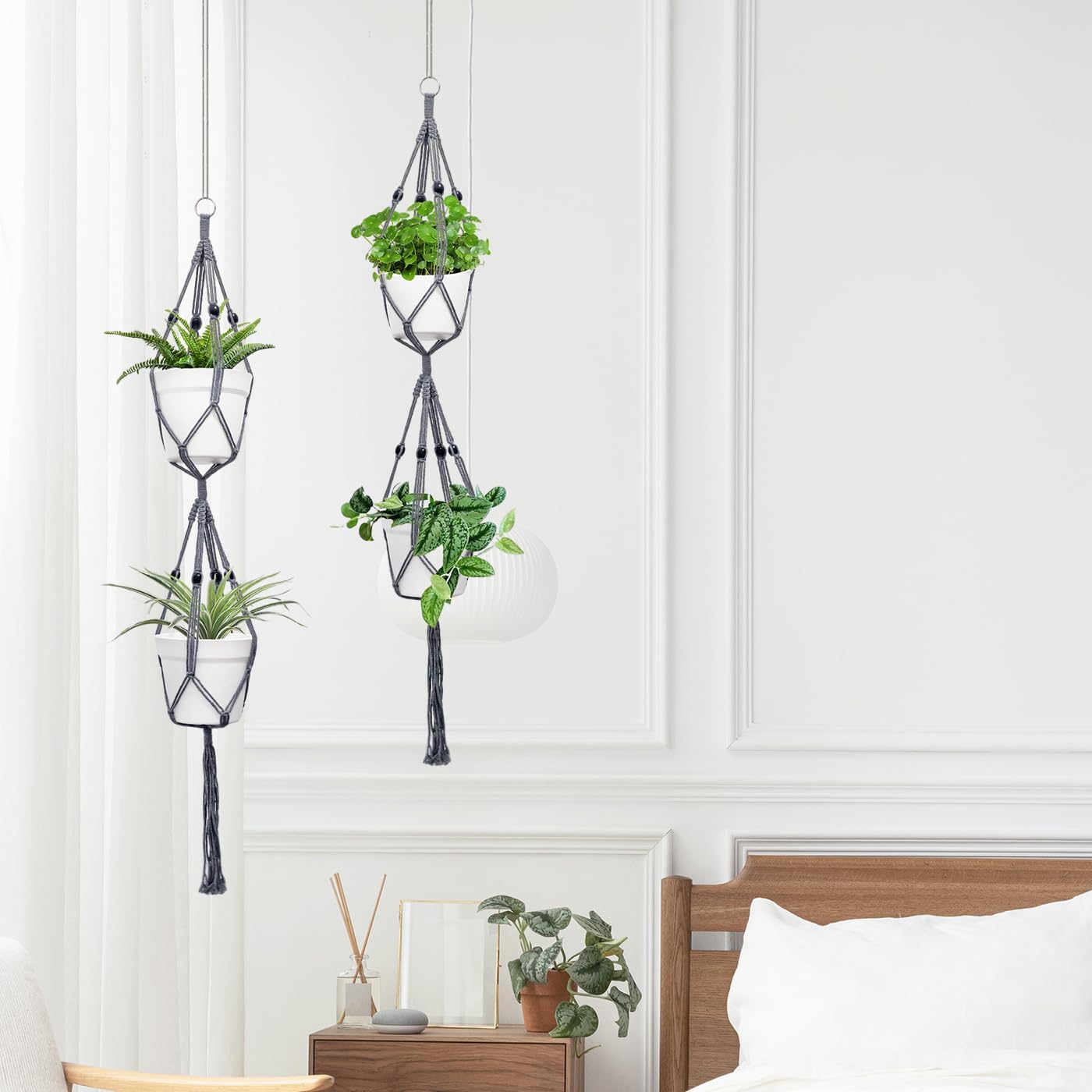 Belit 2 Pack Double Macrame Plant Hangers 2 Tier Hanging Planter Basket Decorative Flower Pot Holder Rope for Indoor Outdoor Home Decor 51 Inch, Grey